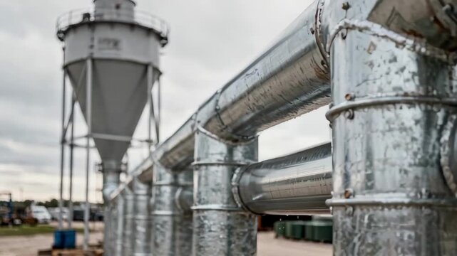 Close medium shot capturing intricate galvanized duct joints extending above with a large cyclone separator softly blurred in the background outdoors.