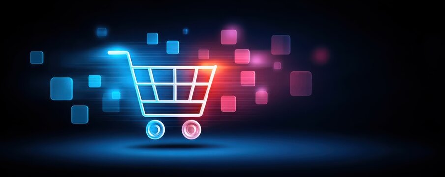 Concept of personalized data customization for e-commerce.A glowing digital shopping cart icon on a dark background, symbolizing online shopping and e-commerce with vibrant blue and red light effects.