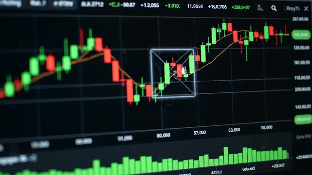 Stock Market Trading Chart Displaying Candlestick Patterns and Financial Data on a Digital Screen.