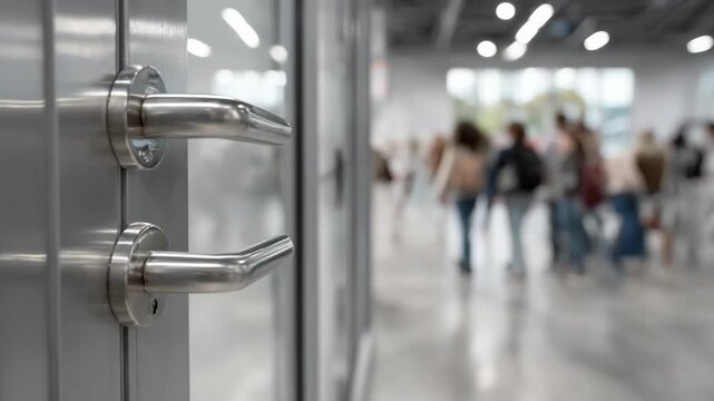 Medium shot of antimicrobialintegrated door handles in a public space focusing on safety features that reduce microbial transmission on frequently touched surfaces.
