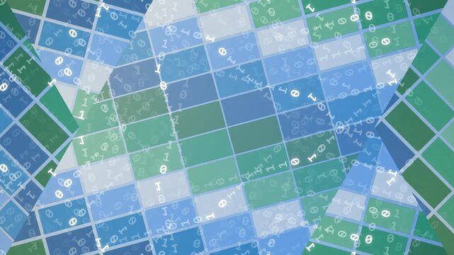 Overhead view of blue and green mosaic tiles with white grout lines and subtle texture