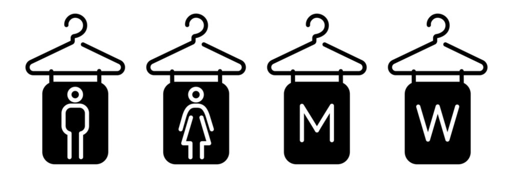 Set of men and women changing room icons with hanger outline elements. Vector black symbols representing wardrobe, cloakroom and locker room facilities.