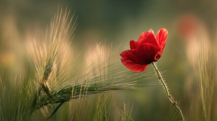 Obraz premium A solitary vibrant red poppy blooms amongst ripening wheat stalks in a tranquil field