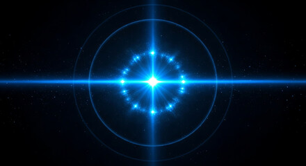Obraz premium radiant blue light burst with cross beams and fractal rings in dark space symbolizing advanced technology and discovery.