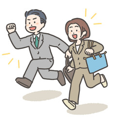 笑顔で走る若手・中堅ビジネスマンとビジネスウーマン