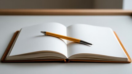 Blank Notebook with Yellow Pen on Minimalist Surface