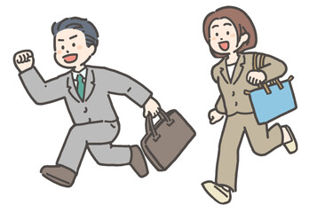笑顔で走る若手・中堅ビジネスマンとビジネスウーマンのセット