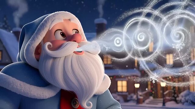 Santa Claus in a winter wonderland surrounded by magical glowing orbs and a snowy village.