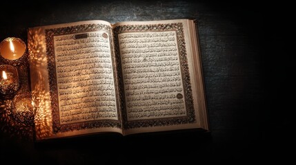 Obraz premium Open Quran with Arabic Text on Dark Surface and Candlelight Glow