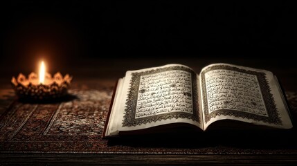 Obraz premium Open Quran on Table with Candle Light and Decorative Background
