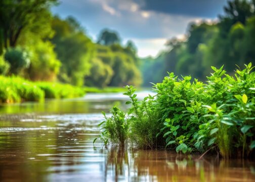 Riverbank vegetation overgrowth after intense rainfall
