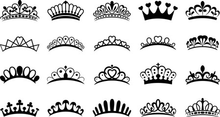 Set of decorative black crown and tiara silhouettes isolated on white background, royal princess diadem collection for logos, invitations, branding and graphic design © Shuda