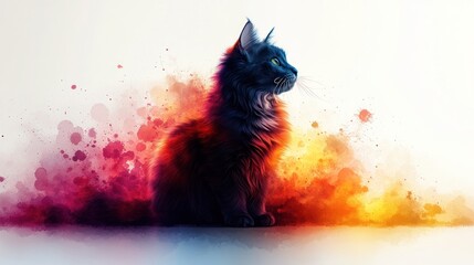 Majestic Maine Coon cat sitting, vibrant watercolor background, pet portrait