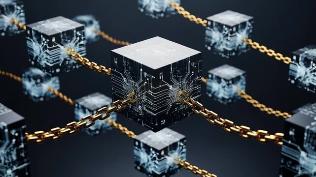 Digital blockchain network connecting glowing cubes with gold chains in dark cyberspace