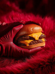 women red gloves hands holding a burger 
