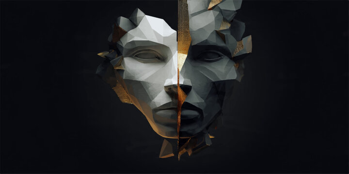 plit Human Face Abstract Illustration Representing Dual Personality and Inner Conflict