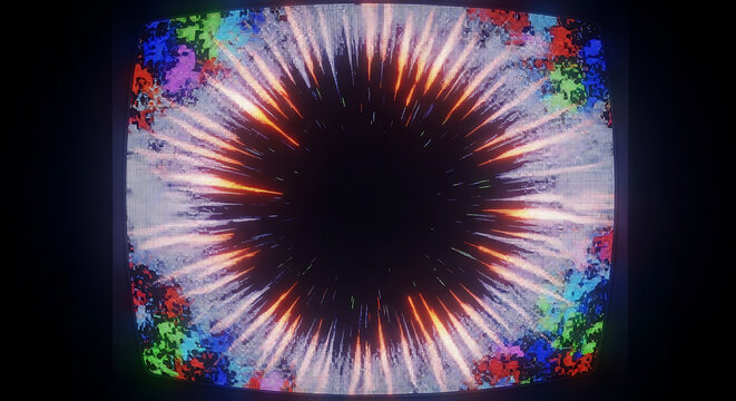 retro tv screen displaying an abstract portal with radiating light and pixel noise evoking glitch art and cyberpunk.