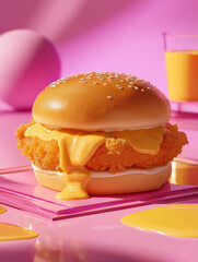 fried chicken burger in pink theme