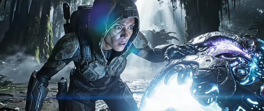 Cinematic shot of a female sci-fi soldier discovering a glowing alien artifact in a misty jungle environment