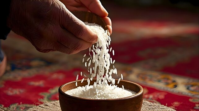 Elderly hands pouring rice grains for Zakat Fitrah charity