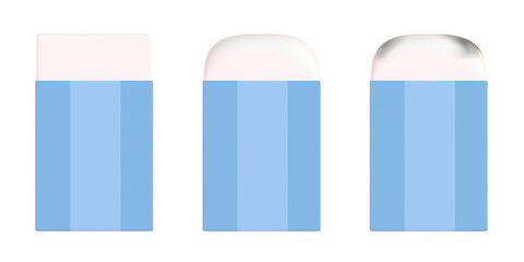 正面から見た新品と使用済みの消しゴムの3DCGイラスト。学校や塾、教育現場のプロモーションに適した文房具の挿絵素材