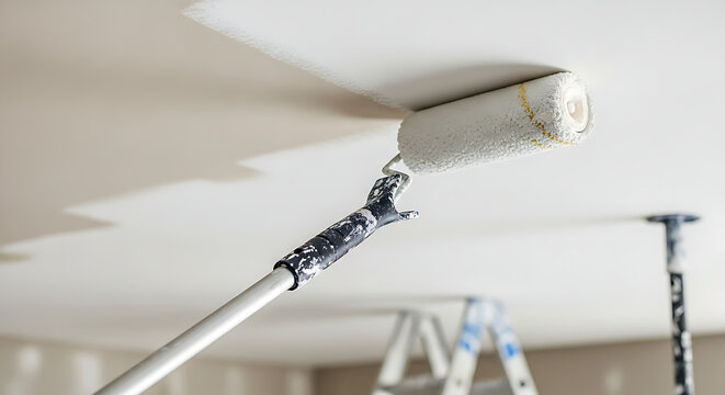 Closeup of paint roller applying paint to ceiling with ladder in background