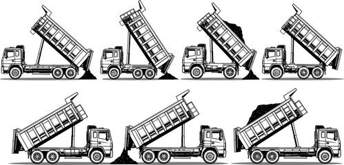 Dump Truck Animation Sequence Vector Set, Heavy Construction Vehicle Tipping and Unloading Soil, Sand, or Gravel, Isolated Monochrome Illustration © Akadosh