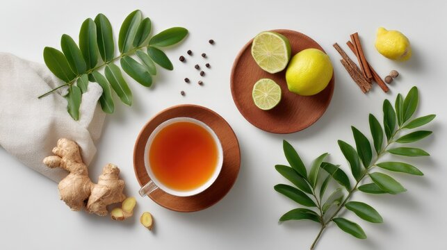 Wellness Brew: An overhead view of a steaming cup of tea, surrounded by organic ingredients like ginger, lemon, and other botanicals, suggesting a comforting ritual.