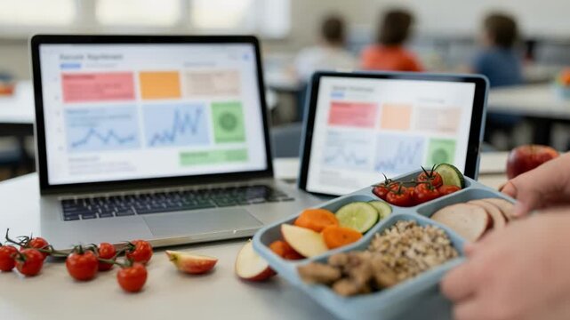 Close medium view of school menu planner using AI software to balance child nutrition and reduce food waste digital interface clear background elements blurred.