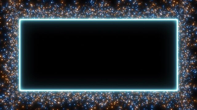 Vibrant  rectangular frame with glowing edges surrounded by twinkling sparkles creating magical starry atmosphere, featuring empty center for text. Perfect for luxury event invitations and awards 