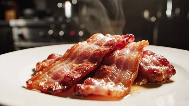 Crispy Bacon Slices on a White Plate in a Kitchen Setting.