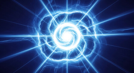 vibrant blue energy vortex with light beams in abstract space symbolizing advanced tech quantum physics and data flow concepts.