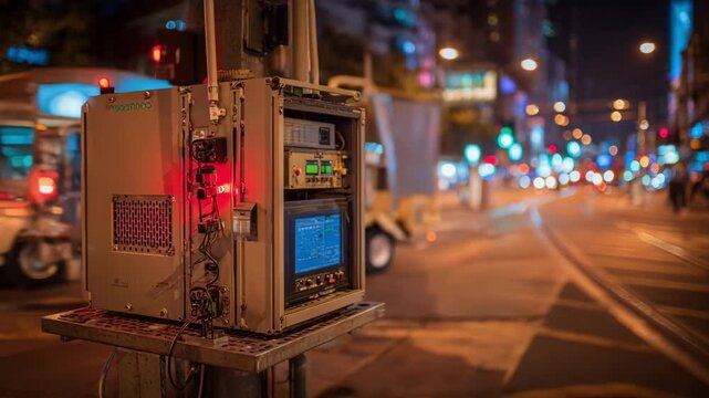 Medium shot of a compact antidrone defense unit installed on a city street operating at night to safeguard urban airspaces from surveillance drones.