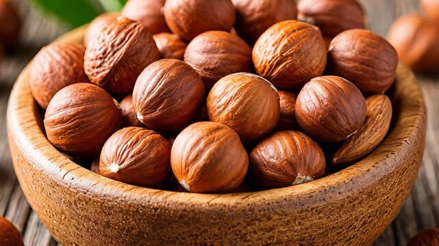 Bowl of shelled hazelnuts on a rustic wooden table for healthy eating and natural snack concept