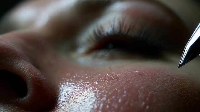 Closeup medium shot showcasing advanced dermaplaning technique exfoliating dead skin layers for an even refreshed facial appearance.