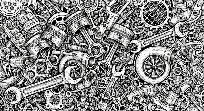 Intricate monochrome vector illustration of automotive engine parts and mechanic tools, including pistons, wrenches, gears, and turbochargers, creating a detailed mechanical background texture.