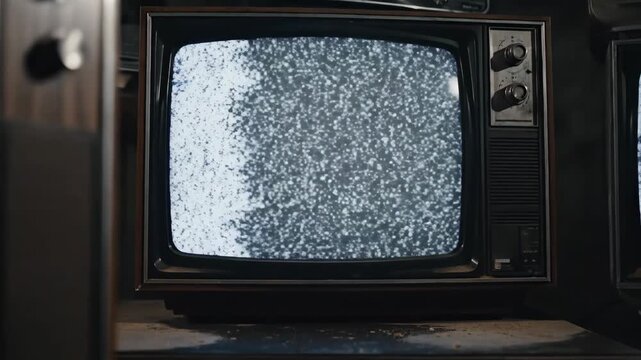 collection of old vintage retro television sets with static noise on screen in dark dimly lit room setup