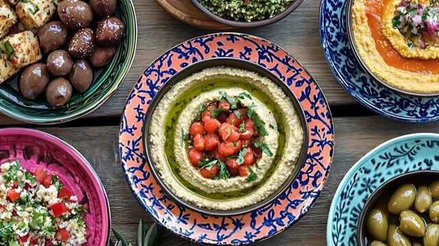 Mezze dish with hummus and vegetable topping, colorful dip, tabbouleh salad, and olives perfect for mediterranean cuisine