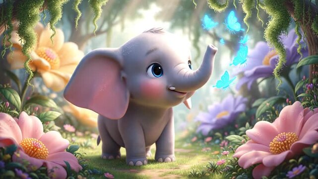 A cute cartoon illustration of a large gray elephant and its small pink baby standing together in a sunny park, isolated on a white background as a funny wildlife vector art