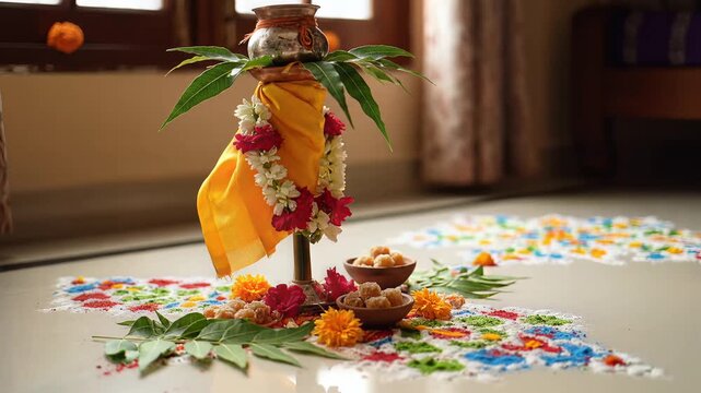Festive Gudi Padwa setup with Kalash flowers rangoli and sweets
