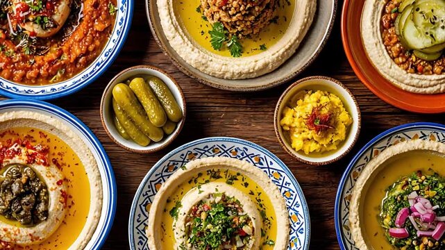 A variety of appetizing hummus plates with different toppings and sides arranged on a wooden table for a healthy meal.