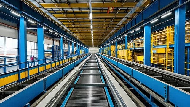 Automated conveyor belt system in a modern factory warehouse for industrial logistics and distribution