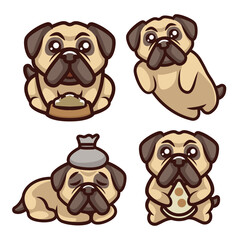 Set of cute pug dog mascot template.
