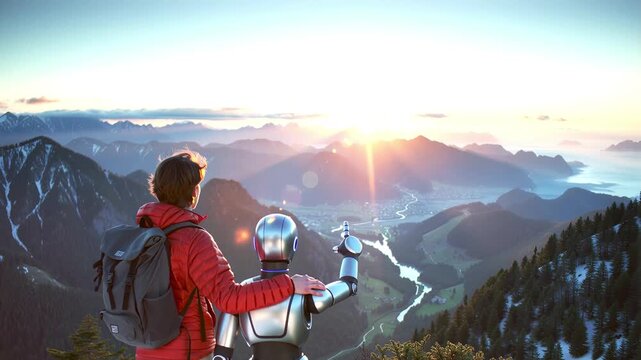 Man hiker and humanoid robot standing on a snowy mountain peak at sunrise. Robotic companion pointing at the scenic valley view. Futuristic travel and friendship concept footage.