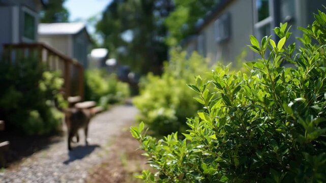 Medium shot focusing on green spacing in a tiny home community featuring homes separated by lush vegetative buffers promoting privacy and environmental harmony.