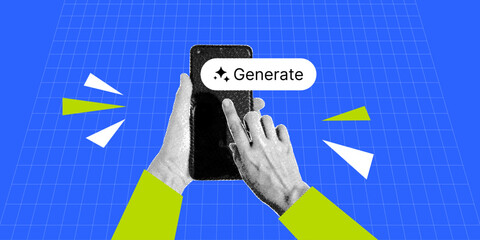 Trendy Artificial intelligence banner with human hand using smartphone and Generate button in retro halftone collage style. Contemporary AI vector illustration art © Dukhanina Ekaterina