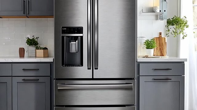 Modern kitchen interior with steel refrigerator and gray cabinets next to a window. Contemporary apartment design for a home cooking space.