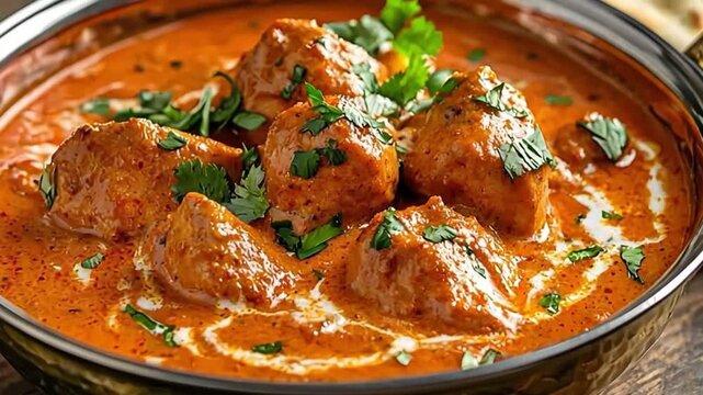 Indian butter chicken in brass bowl on wooden table with bread, traditional cuisine concept for meal and restaurant