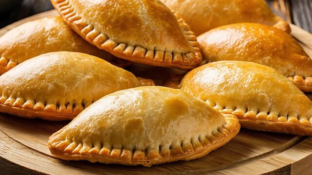 Delicious golden turnovers arranged on a rustic wooden platter, showcasing savory pastry for a culinary presentation