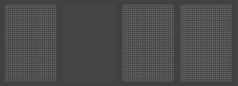 Technical blueprint grid pack on dark grey background. Four coordinated patterns support engineering drawings, planning pages, notebook covers and abstract technology visuals for print and screen.
